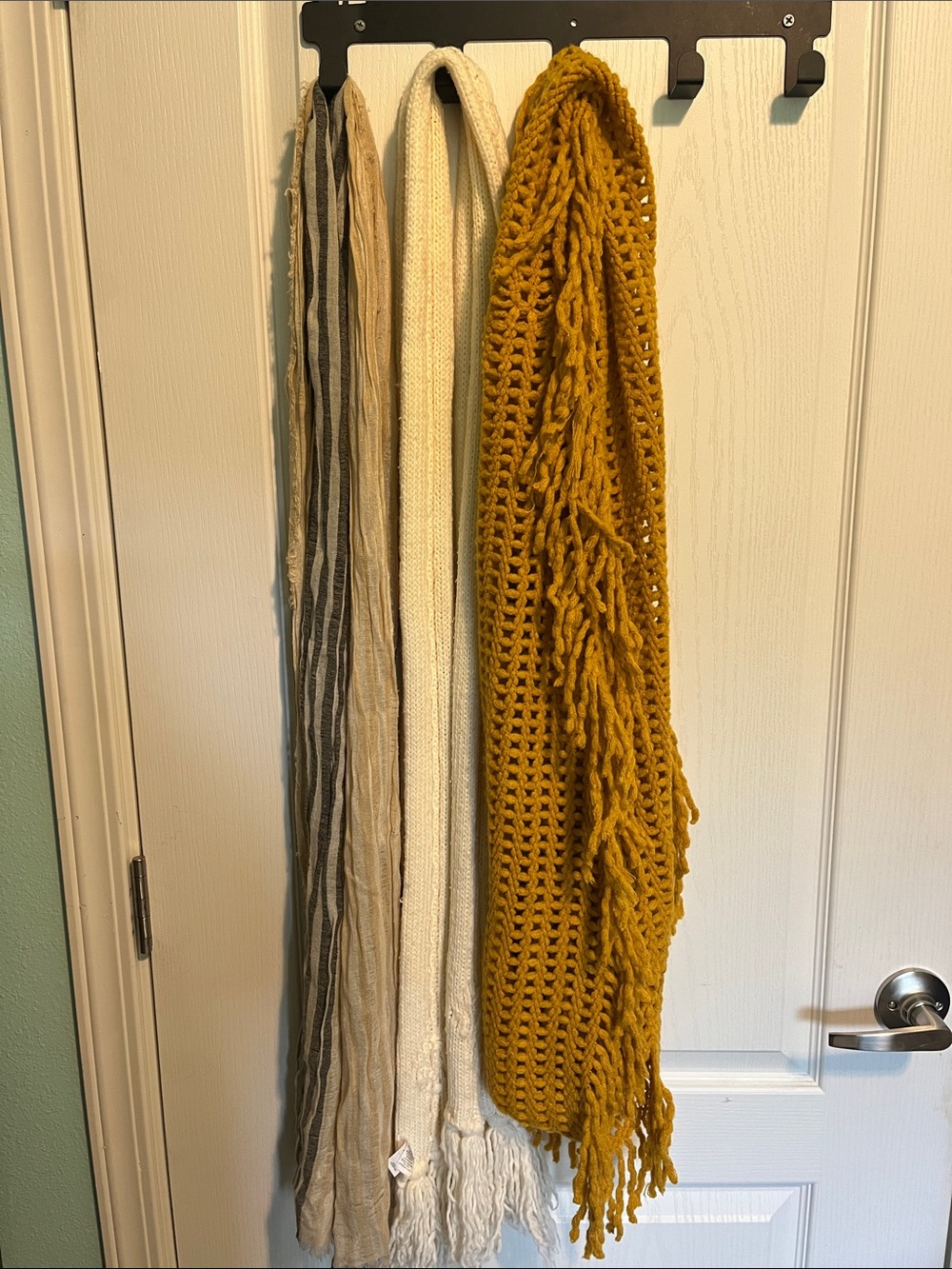Fringe Scarf in Mustard Yellow with Cream Cable knit and Stripe Linen Scarves